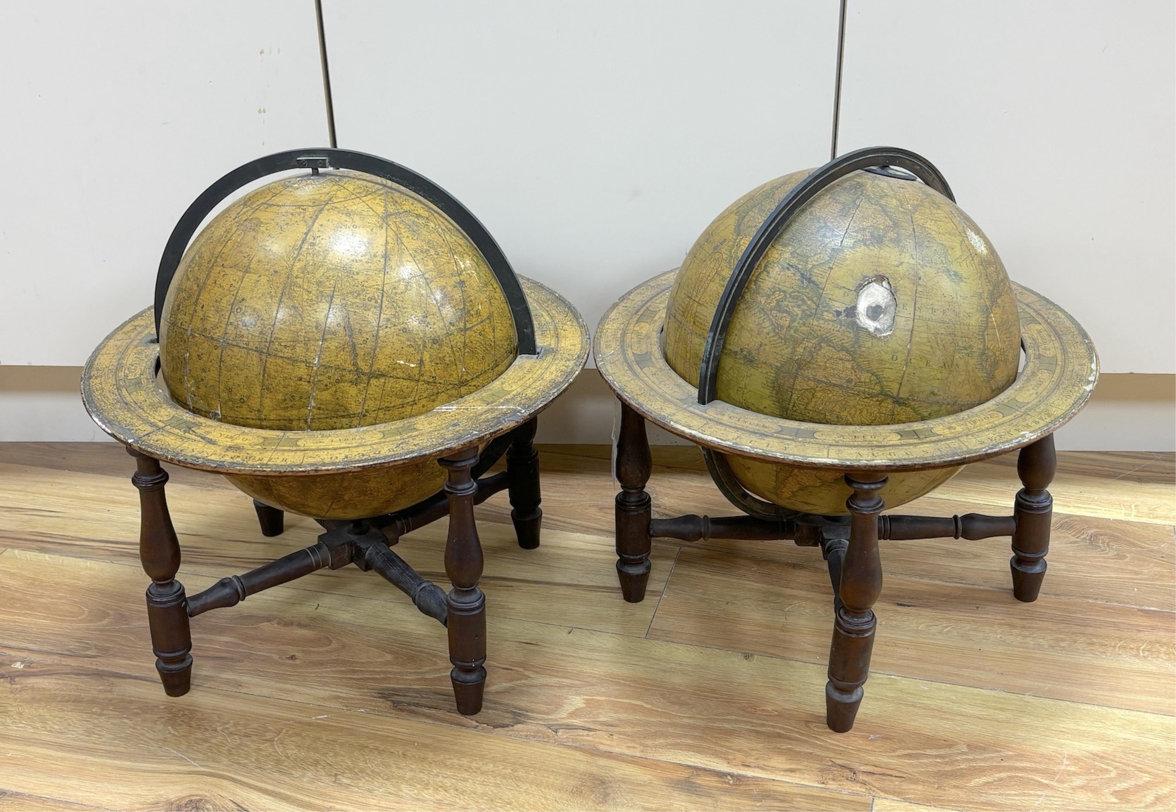 A pair of early to mid-19th century Cary celestial and terrestrial 12 inch globes with associated stands, each globe on a turned mahogany frame with applied paper zodiac and month ring at the equator